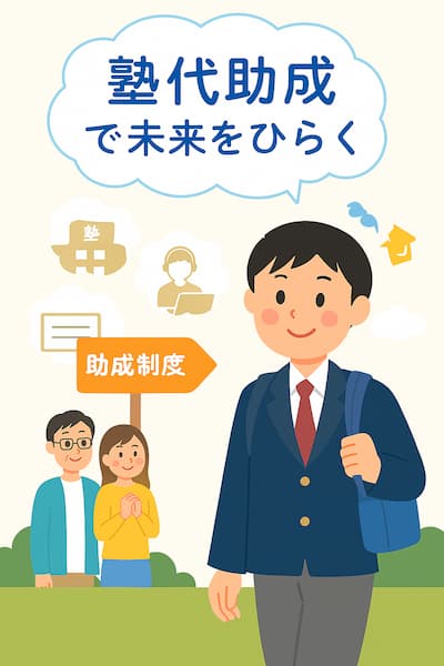 「塾代助成で未来をひらく」と書かれた吹き出しの下で、制服姿の中学生が笑顔で歩く。背景には助成制度の案内板と、塾・家庭教師・オンライン学習のアイコン。保護者が温かく見守る様子も描かれ、学びの選択肢が広がるイメージ。